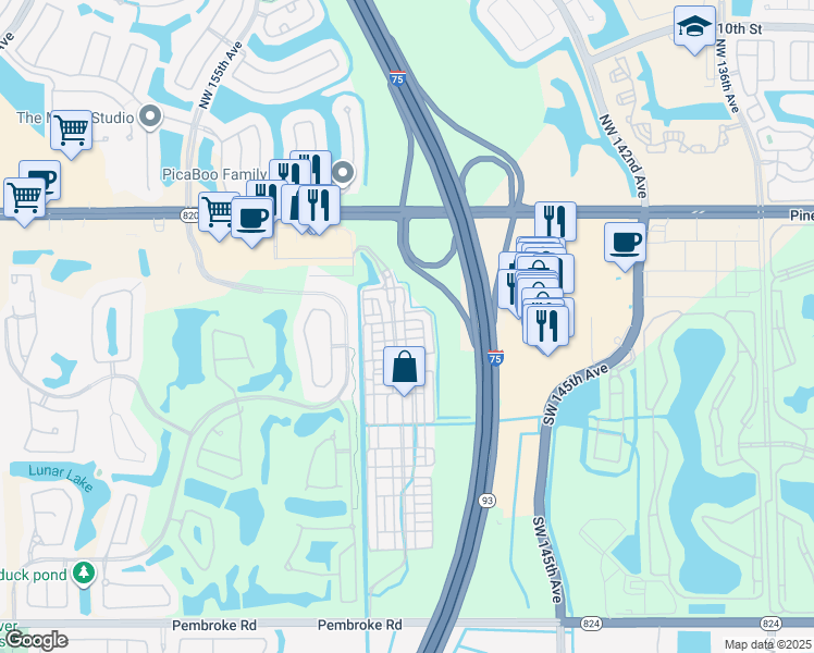 map of restaurants, bars, coffee shops, grocery stores, and more near 482 Southwest 148th Avenue in Pembroke Pines