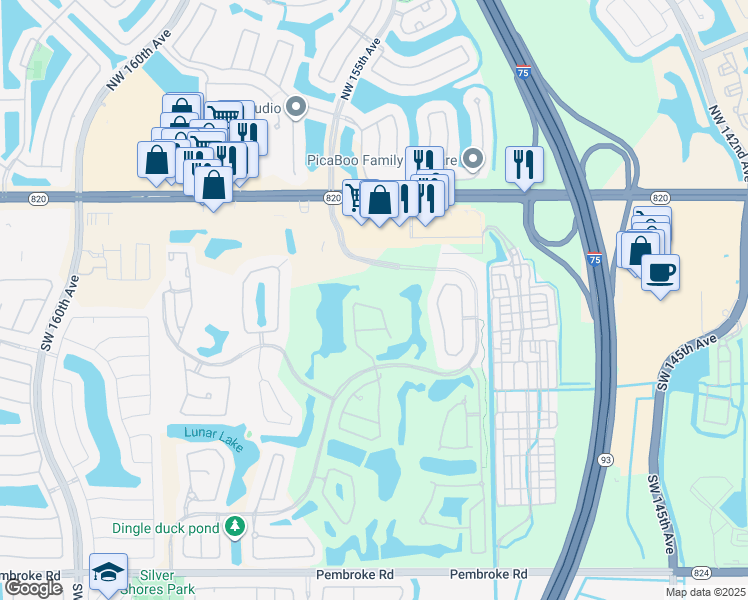 map of restaurants, bars, coffee shops, grocery stores, and more near 15221 Laurel Lane in Pembroke Pines