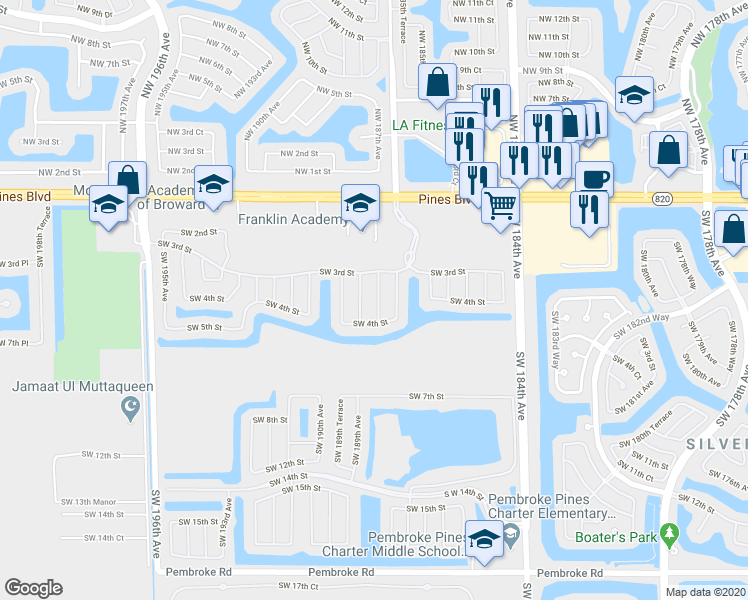 map of restaurants, bars, coffee shops, grocery stores, and more near 343 Southwest 187th Terrace in Pembroke Pines
