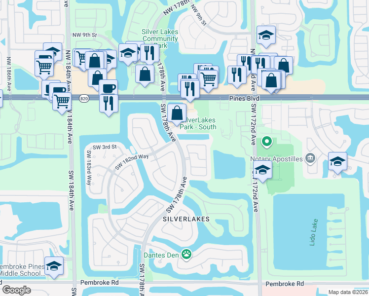 map of restaurants, bars, coffee shops, grocery stores, and more near 414 Southwest 177th Avenue in Pembroke Pines