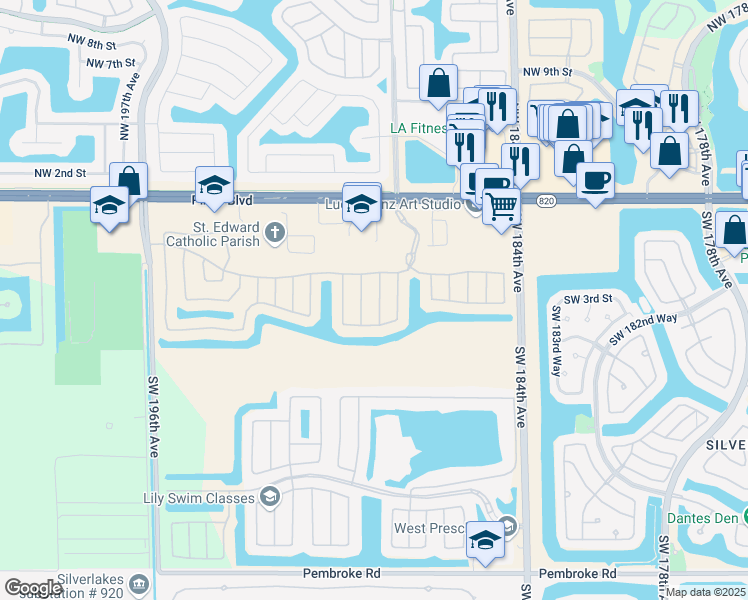 map of restaurants, bars, coffee shops, grocery stores, and more near 343 Southwest 187th Terrace in Pembroke Pines