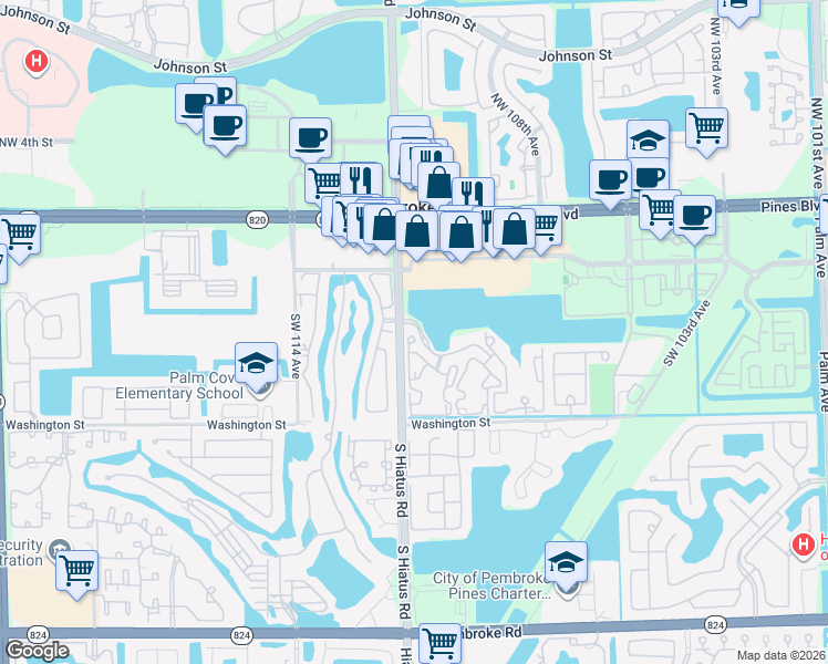 map of restaurants, bars, coffee shops, grocery stores, and more near 577 Southwest 111th Lane in Pembroke Pines