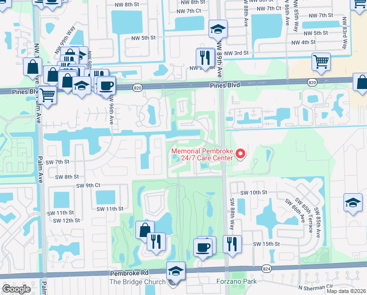map of restaurants, bars, coffee shops, grocery stores, and more near 811 South Hollybrook Drive in Pembroke Pines