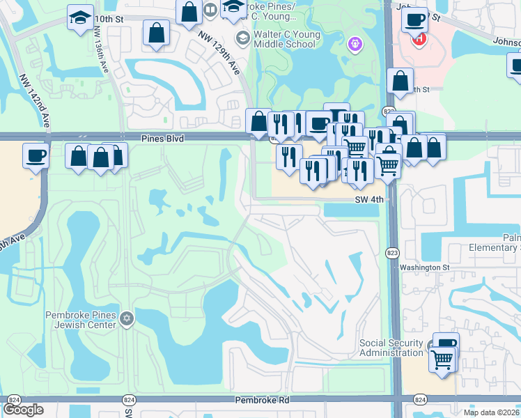 map of restaurants, bars, coffee shops, grocery stores, and more near 800 Southwest 130th Terrace in Pembroke Pines