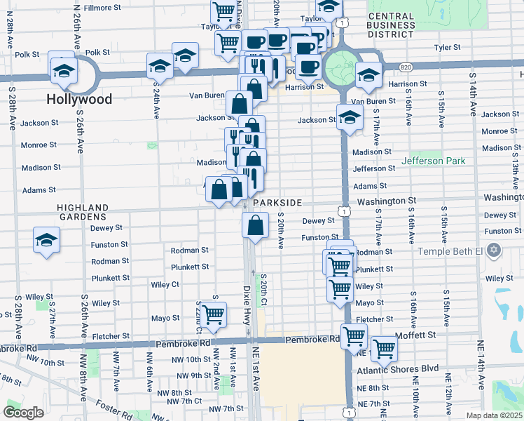 map of restaurants, bars, coffee shops, grocery stores, and more near 2034 Washington Street in Hollywood