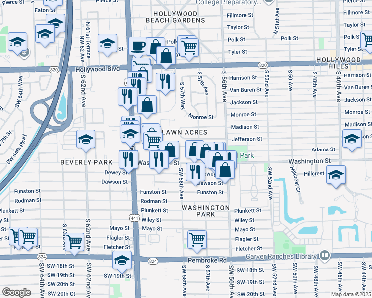 map of restaurants, bars, coffee shops, grocery stores, and more near 5706 Jefferson Street in Hollywood