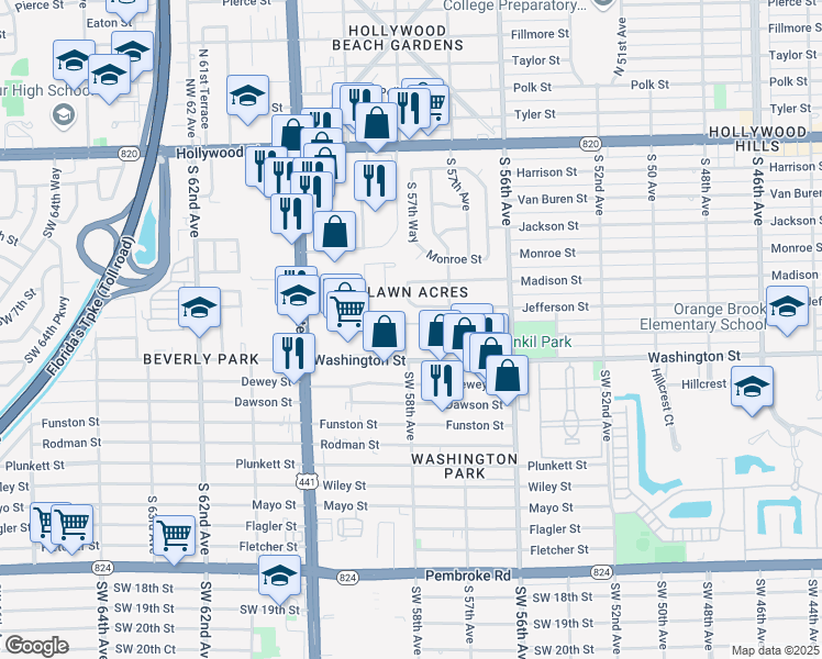 map of restaurants, bars, coffee shops, grocery stores, and more near 179 Hidden Court Drive in Hollywood