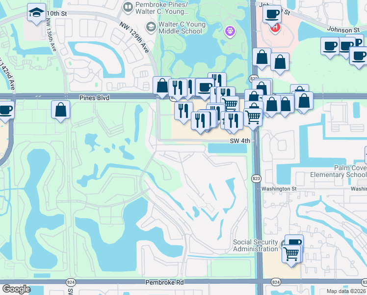 map of restaurants, bars, coffee shops, grocery stores, and more near 12750 Southwest 4th Court in Pembroke Pines