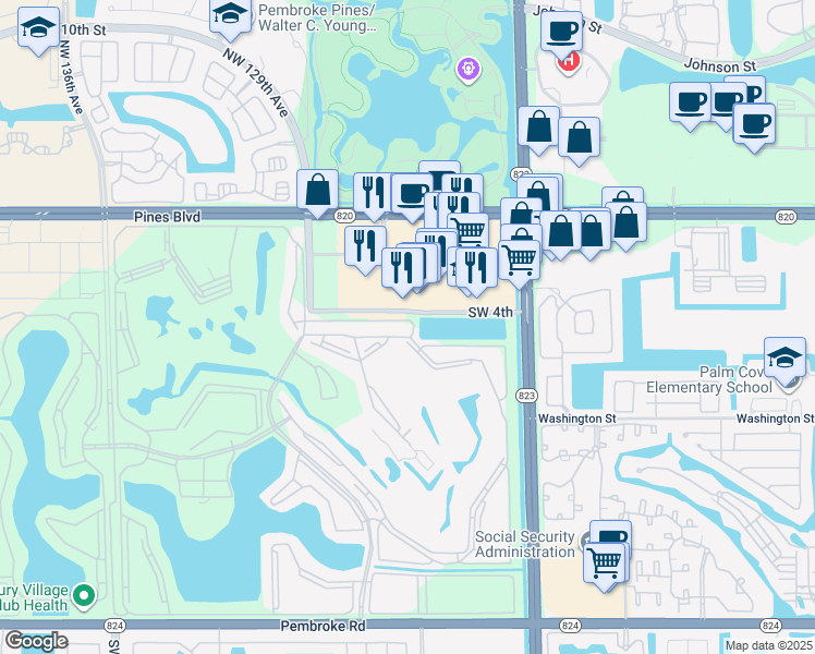 map of restaurants, bars, coffee shops, grocery stores, and more near 12590 Pines Boulevard in Pembroke Pines