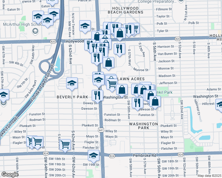 map of restaurants, bars, coffee shops, grocery stores, and more near 136 Hidden Court Drive in Hollywood