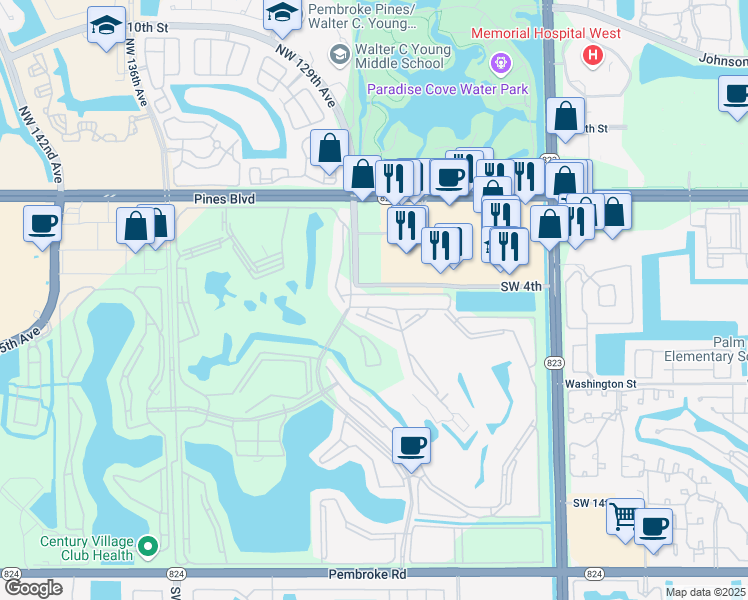 map of restaurants, bars, coffee shops, grocery stores, and more near 12950 Southwest 4th Court in Pembroke Pines