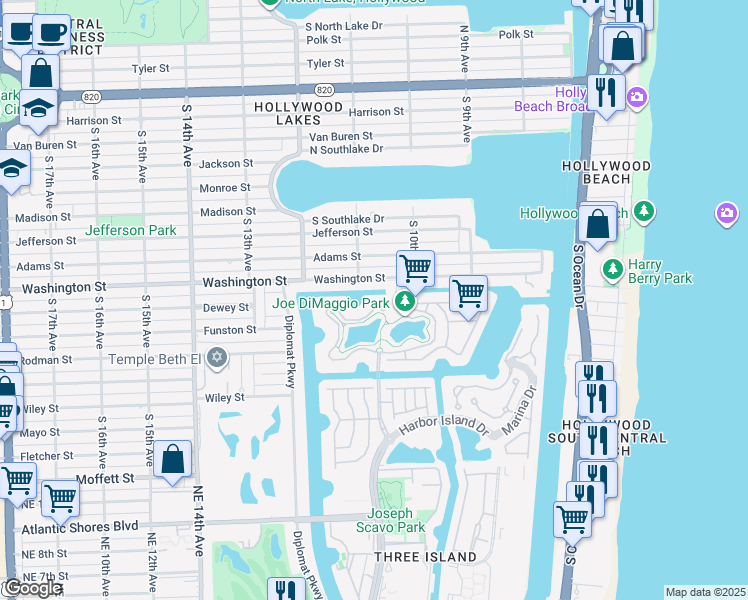 map of restaurants, bars, coffee shops, grocery stores, and more near 1041 Harbor Court in Hollywood