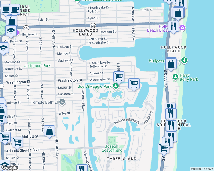 map of restaurants, bars, coffee shops, grocery stores, and more near 1041 Harbor Court in Hollywood