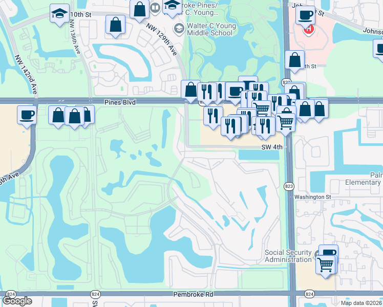 map of restaurants, bars, coffee shops, grocery stores, and more near 800 Southwest 130th Terrace in Pembroke Pines