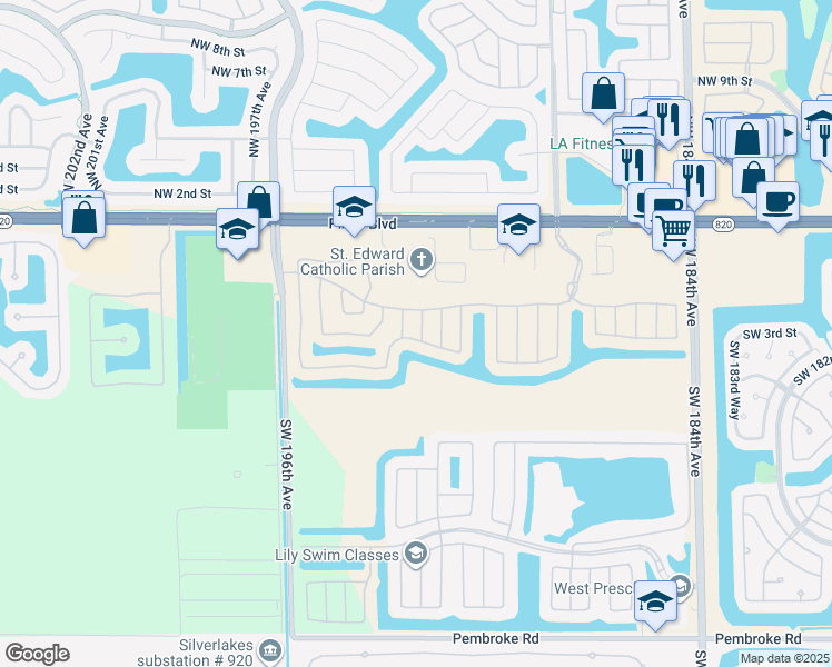 map of restaurants, bars, coffee shops, grocery stores, and more near 325 Southwest 191st Avenue in Pembroke Pines