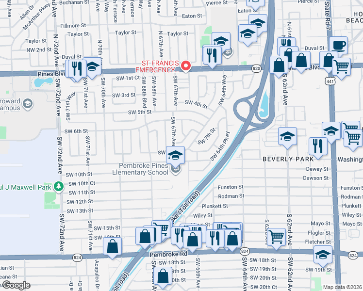 map of restaurants, bars, coffee shops, grocery stores, and more near 6640 Southwest 7th Street in Pembroke Pines