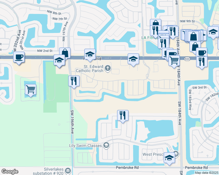 map of restaurants, bars, coffee shops, grocery stores, and more near 325 Southwest 191st Avenue in Pembroke Pines