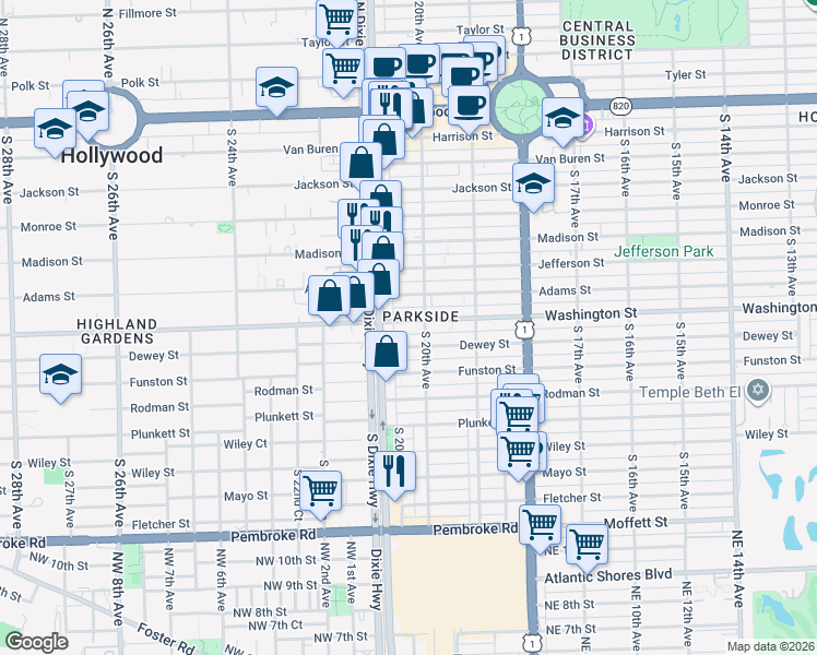map of restaurants, bars, coffee shops, grocery stores, and more near 2037 Washington Street in Hollywood