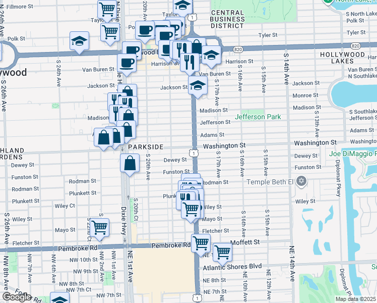 map of restaurants, bars, coffee shops, grocery stores, and more near 1824 Washington Street in Hollywood