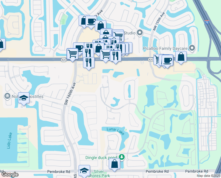map of restaurants, bars, coffee shops, grocery stores, and more near 651 Southwest 158th Terrace in Pembroke Pines