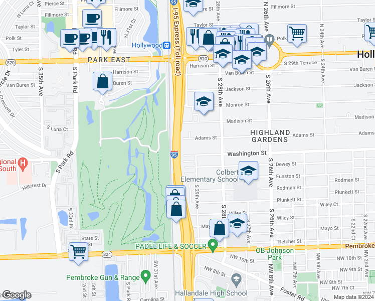 map of restaurants, bars, coffee shops, grocery stores, and more near 2927 Washington Street in Hollywood