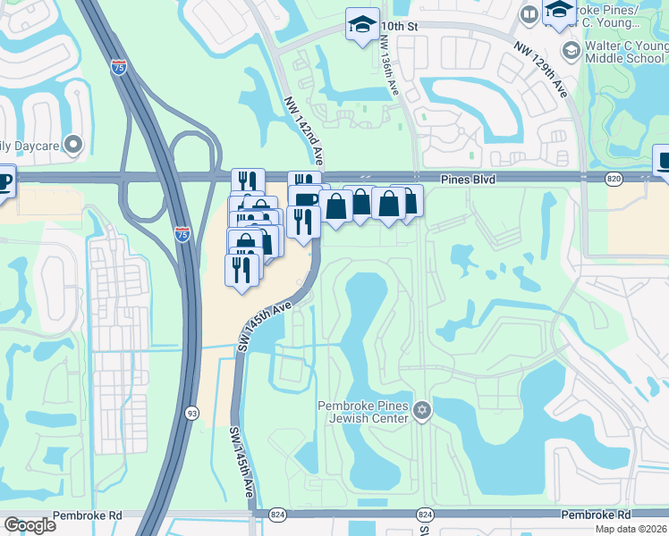 map of restaurants, bars, coffee shops, grocery stores, and more near 301-687 Southwest 142nd Avenue in Pembroke Pines