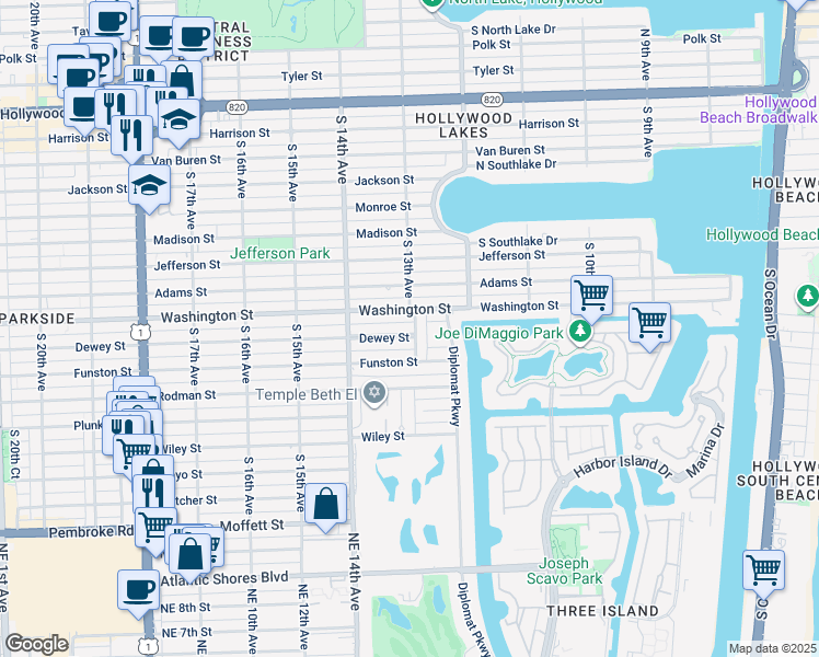map of restaurants, bars, coffee shops, grocery stores, and more near 1311 Dewey Street in Hollywood