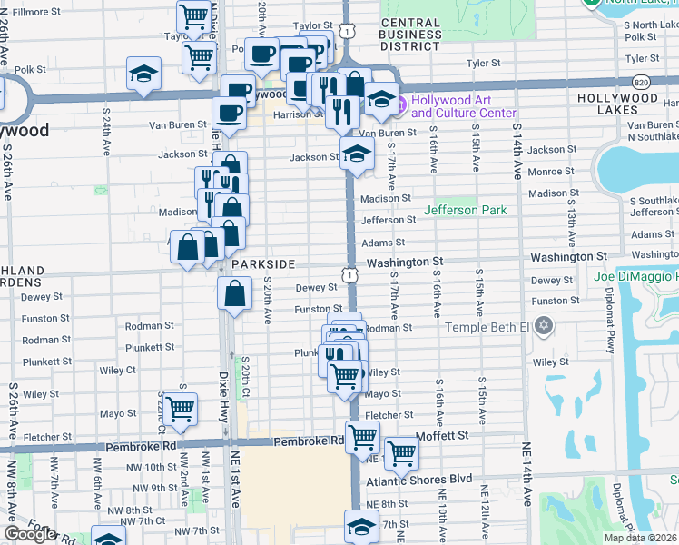 map of restaurants, bars, coffee shops, grocery stores, and more near 1824 Washington Street in Hollywood