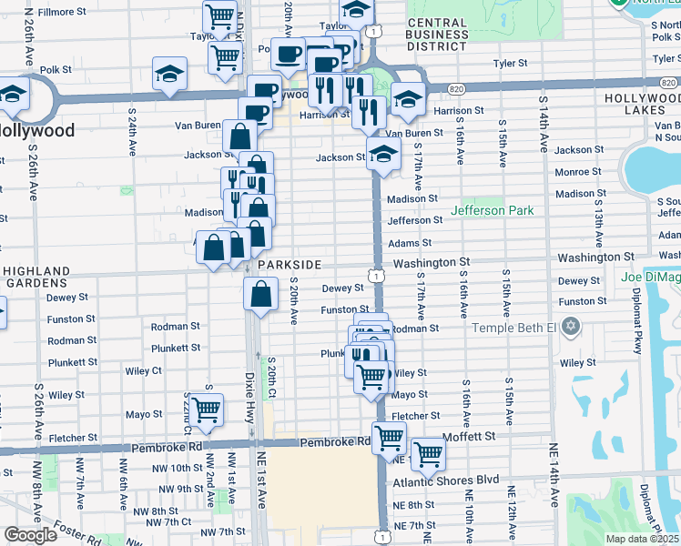 map of restaurants, bars, coffee shops, grocery stores, and more near 906 South 19th Avenue in Hollywood