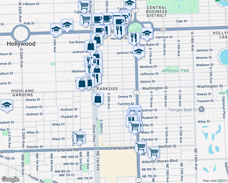 map of restaurants, bars, coffee shops, grocery stores, and more near 1948 Washington Street in Hollywood
