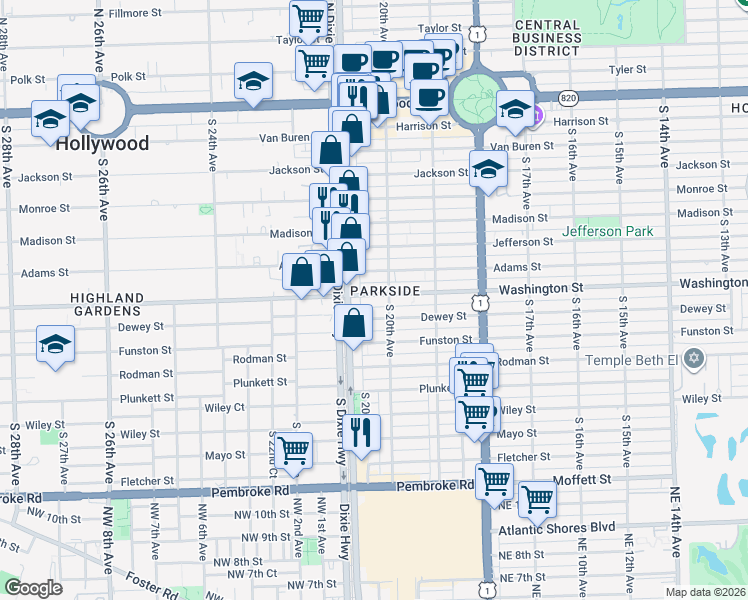 map of restaurants, bars, coffee shops, grocery stores, and more near 2037 Washington Street in Hollywood