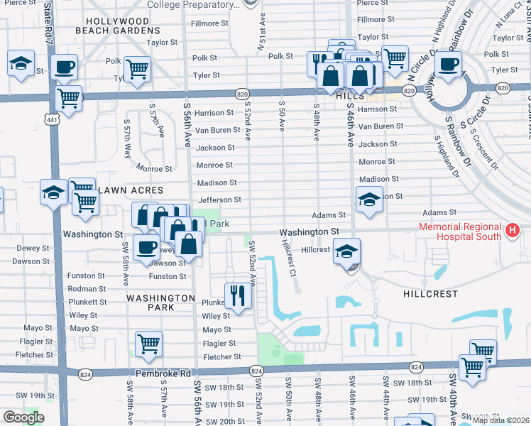map of restaurants, bars, coffee shops, grocery stores, and more near 5101 Adams Street in Hollywood