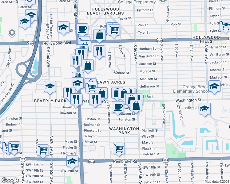 map of restaurants, bars, coffee shops, grocery stores, and more near 5706 Jefferson Street in Hollywood