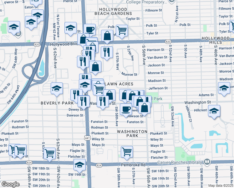 map of restaurants, bars, coffee shops, grocery stores, and more near 179 Hidden Court Drive in Hollywood