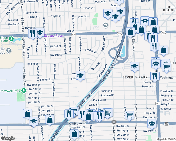 map of restaurants, bars, coffee shops, grocery stores, and more near 740 Southwest 64th Way in Pembroke Pines