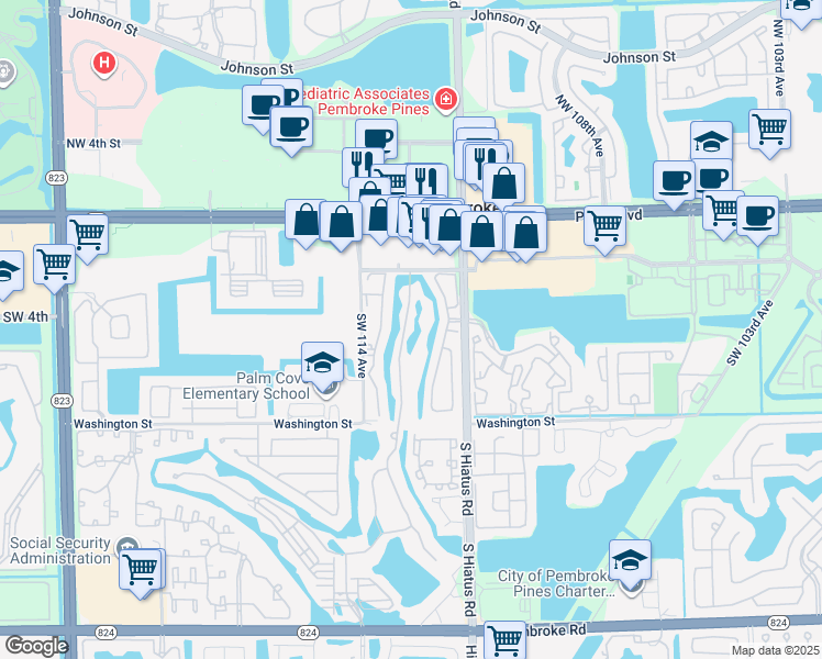 map of restaurants, bars, coffee shops, grocery stores, and more near 435 Southwest 113th Lane in Pembroke Pines