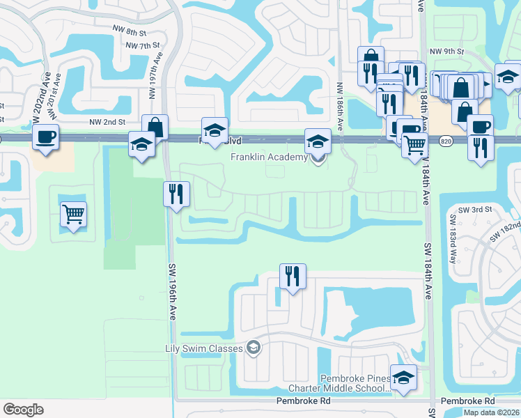 map of restaurants, bars, coffee shops, grocery stores, and more near 325 Southwest 191st Avenue in Pembroke Pines