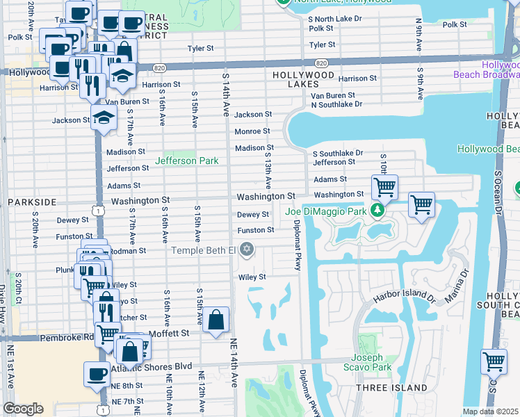 map of restaurants, bars, coffee shops, grocery stores, and more near 1311 Dewey Street in Hollywood