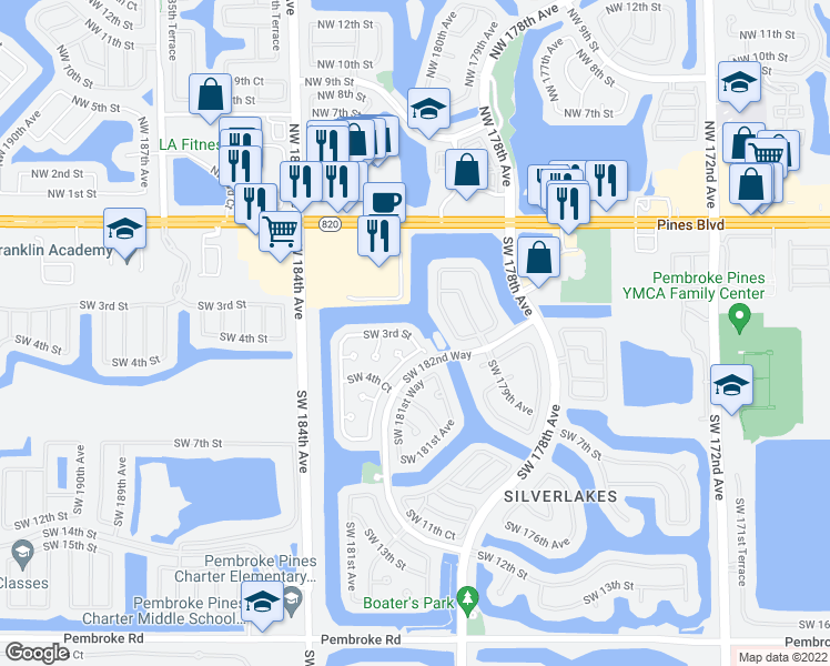 map of restaurants, bars, coffee shops, grocery stores, and more near 18239 Southwest 3rd Street in Pembroke Pines