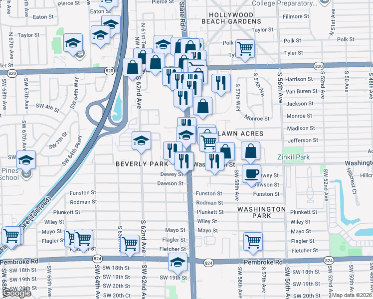 map of restaurants, bars, coffee shops, grocery stores, and more near 824 South State Road 7 in Hollywood