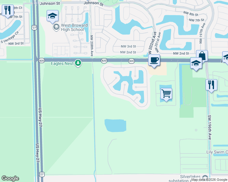 map of restaurants, bars, coffee shops, grocery stores, and more near 286 Southwest 206th Avenue in Pembroke Pines