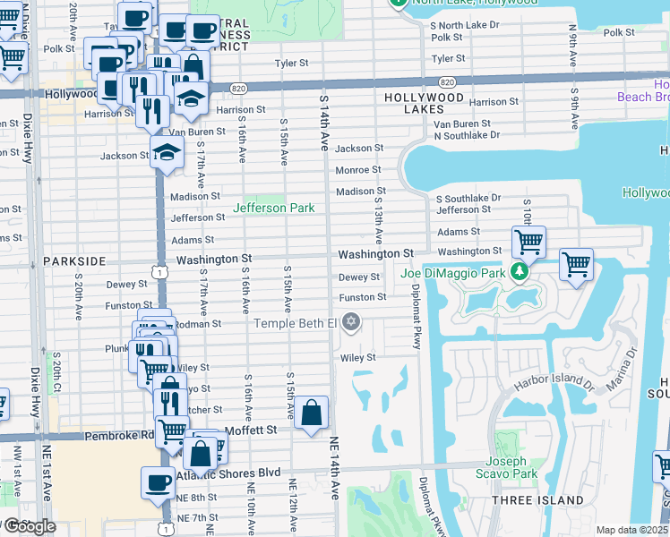 map of restaurants, bars, coffee shops, grocery stores, and more near 1335 Dewey Street in Hollywood