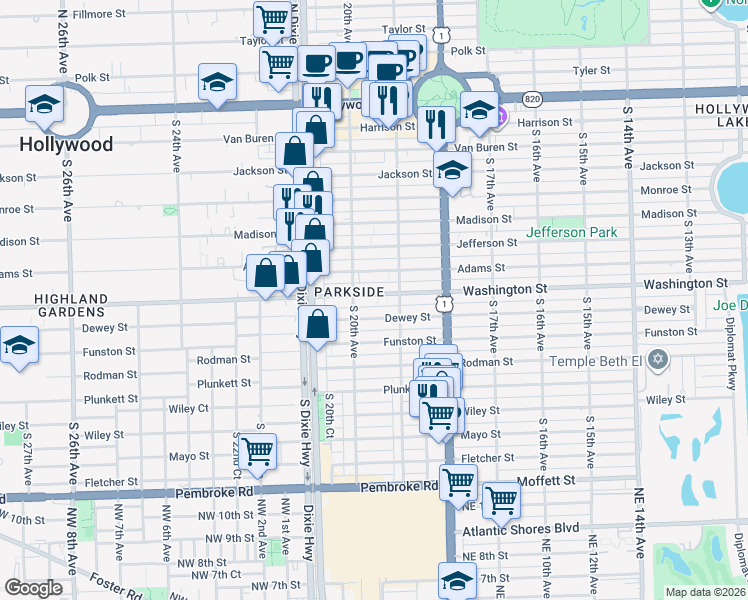 map of restaurants, bars, coffee shops, grocery stores, and more near 1934 Washington Street in Hollywood