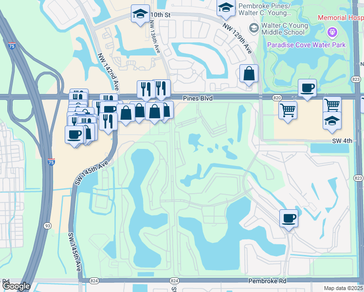 map of restaurants, bars, coffee shops, grocery stores, and more near 13550 Southwest 9th Court in Pembroke Pines