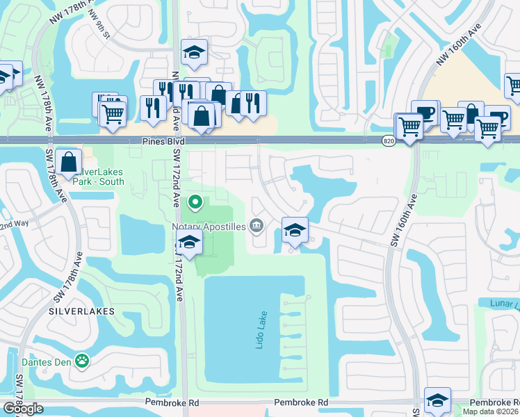 map of restaurants, bars, coffee shops, grocery stores, and more near 610 Southwest 168th Way in Pembroke Pines