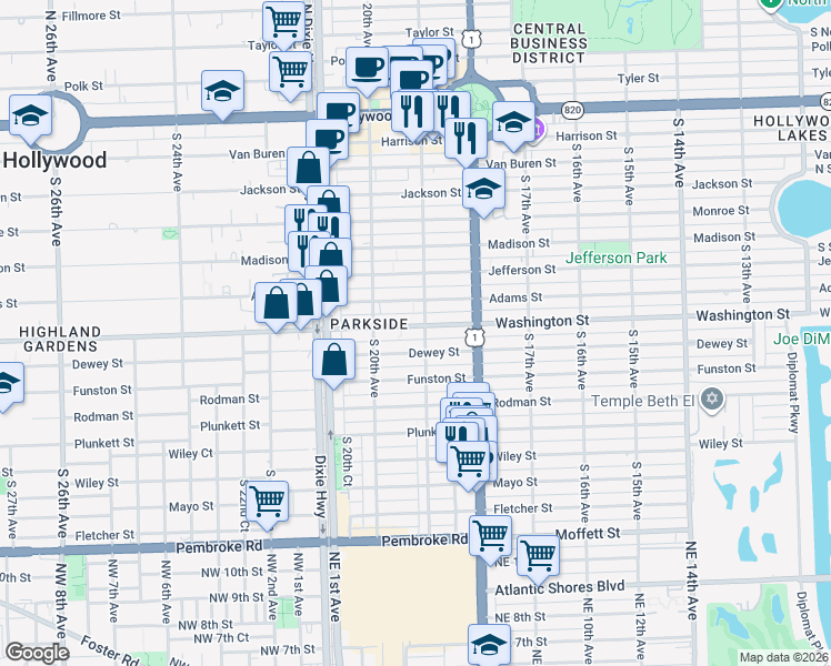 map of restaurants, bars, coffee shops, grocery stores, and more near 906 South 19th Avenue in Hollywood