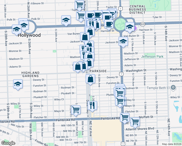 map of restaurants, bars, coffee shops, grocery stores, and more near 2037 Washington Street in Hollywood