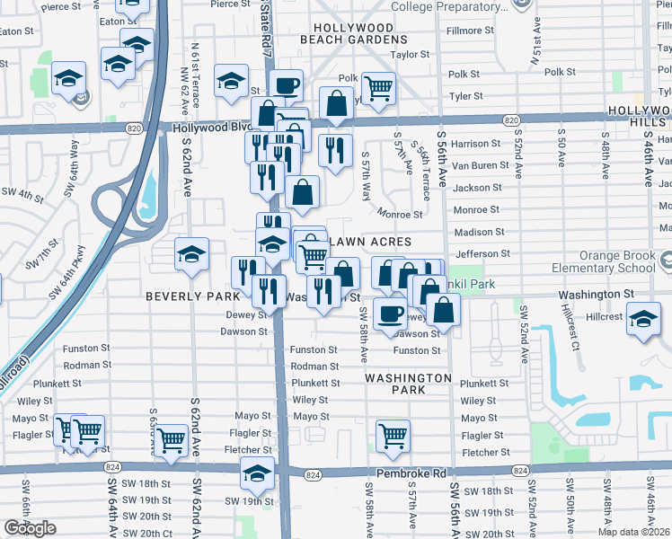 map of restaurants, bars, coffee shops, grocery stores, and more near 136 Hidden Court Road in Hollywood