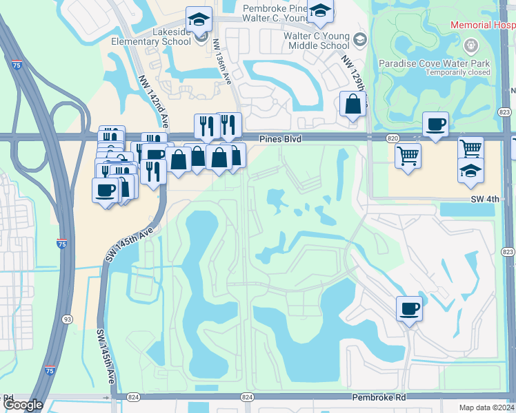 map of restaurants, bars, coffee shops, grocery stores, and more near 13450 Southwest 3rd Street in Pembroke Pines