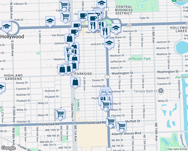 map of restaurants, bars, coffee shops, grocery stores, and more near 906 South 19th Avenue in Hollywood